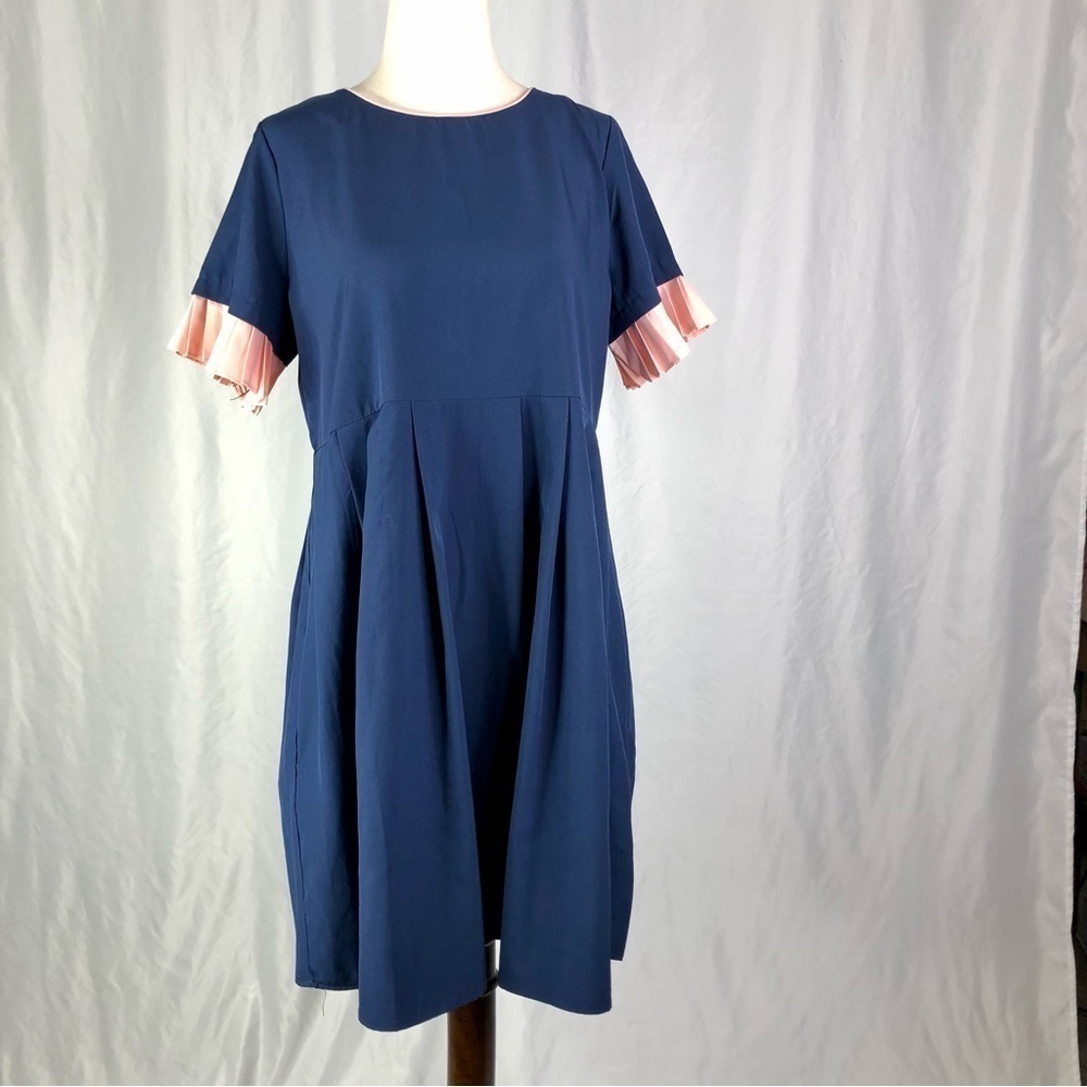 Hayden Los Angeles babydoll dress navy with pink pleated ruffles on sleeves